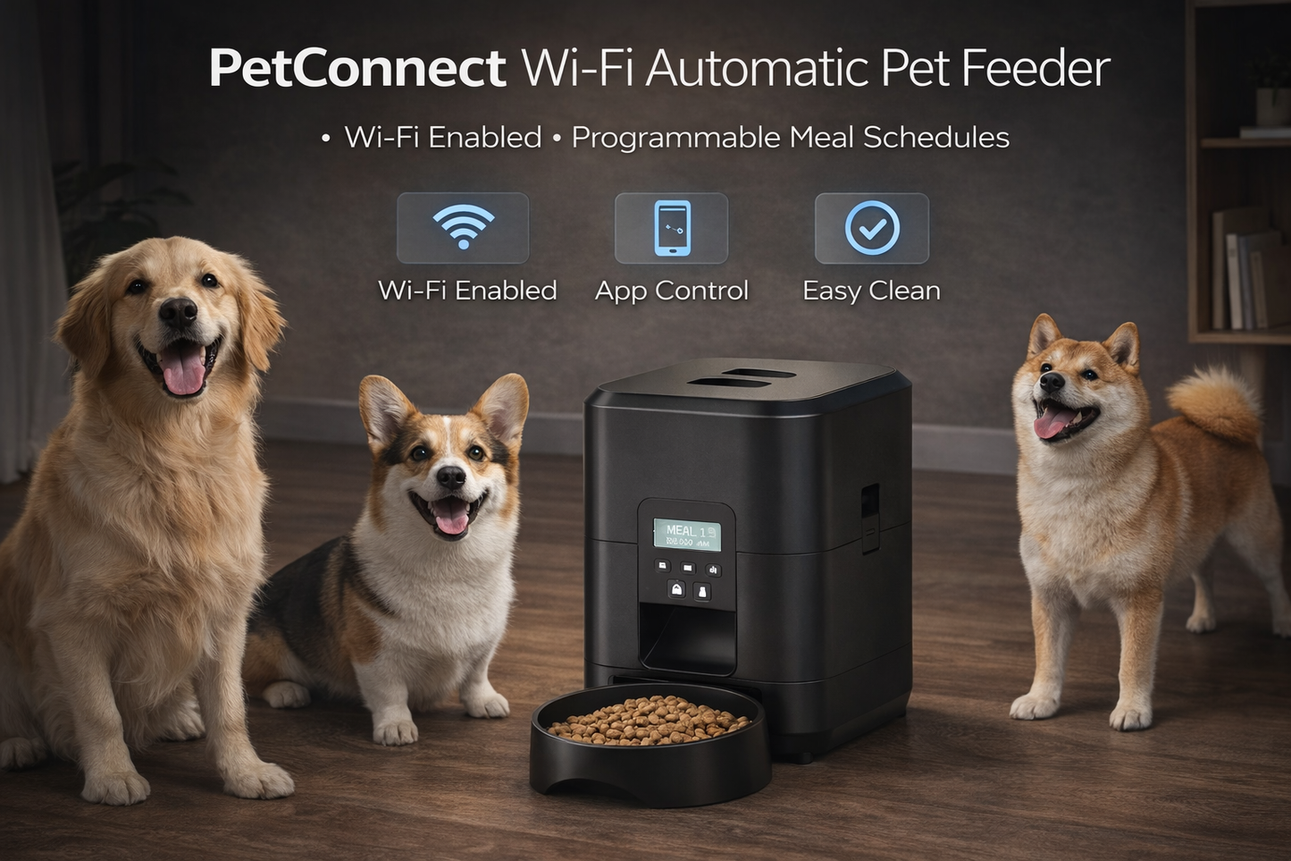 Dog using an automatic smart pet feeder at home