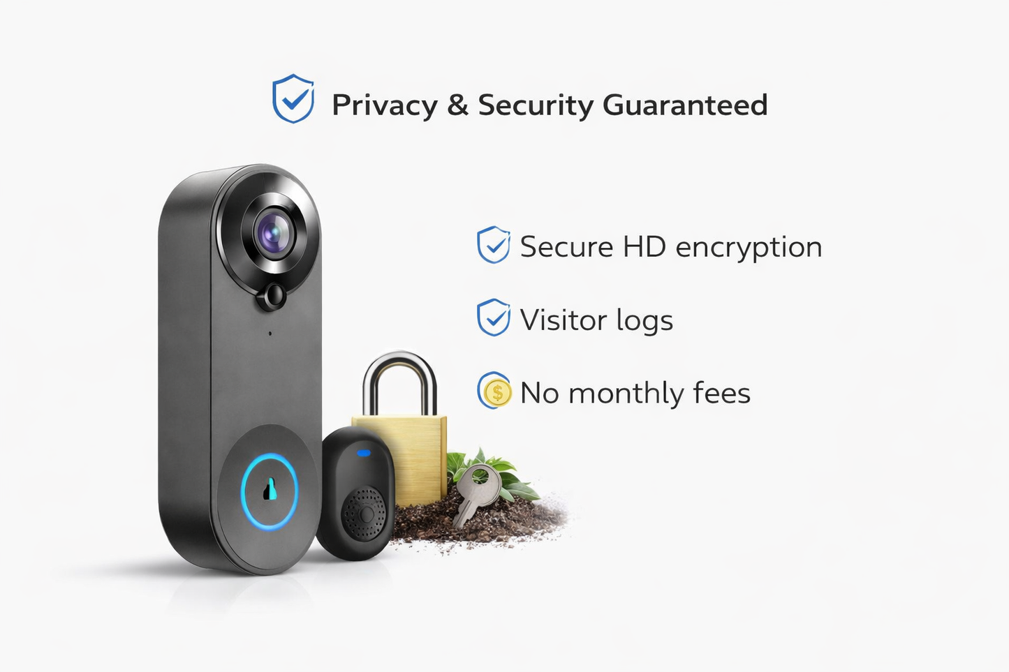 Wireless video doorbell with secure connection and no monthly fees
