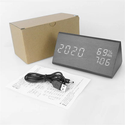 AuraTime™ Slate | Wooden LED Alarm Clock with Temperature Display