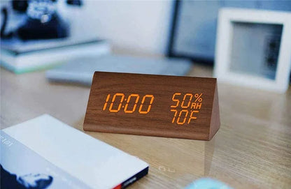 AuraTime™ Slate | Wooden LED Alarm Clock with Temperature Display
