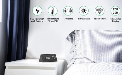 AuraTime™ Slate | Wooden LED Alarm Clock with Temperature Display