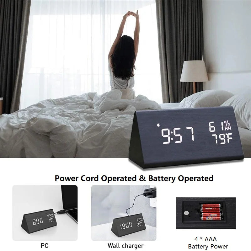 AuraTime™ Slate | Wooden LED Alarm Clock with Temperature Display