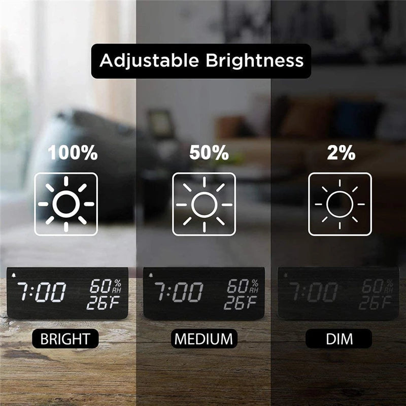 AuraTime™ Slate | Wooden LED Alarm Clock with Temperature Display