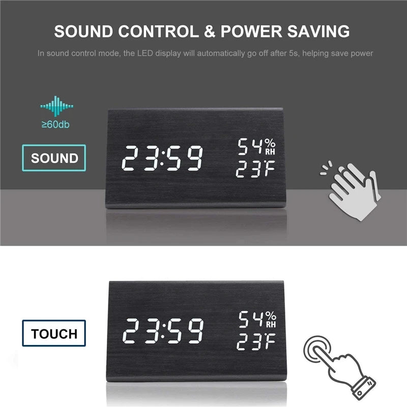 AuraTime™ Slate | Wooden LED Alarm Clock with Temperature Display