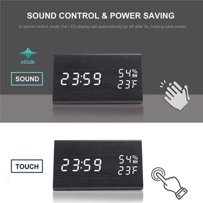 AuraTime™ Slate | Wooden LED Alarm Clock with Temperature Display