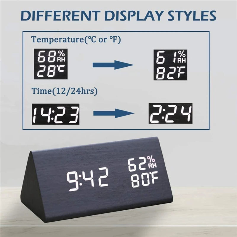 AuraTime™ Slate | Wooden LED Alarm Clock with Temperature Display