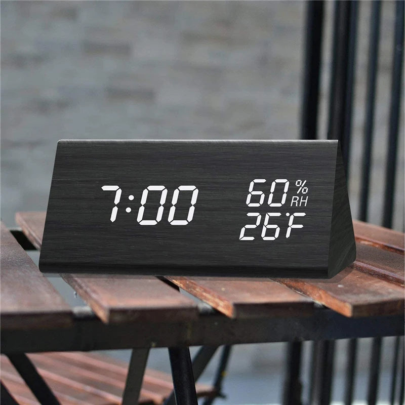 AuraTime™ Slate | Wooden LED Alarm Clock with Temperature Display