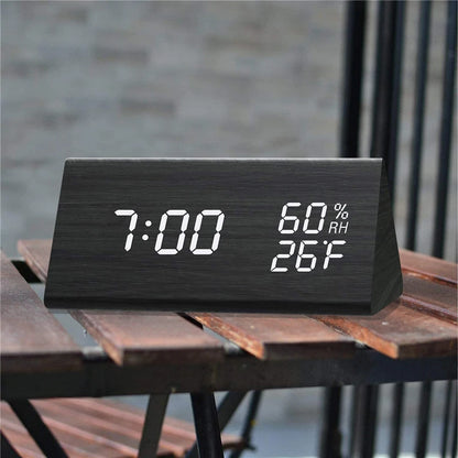 AuraTime™ Slate | Wooden LED Alarm Clock with Temperature Display