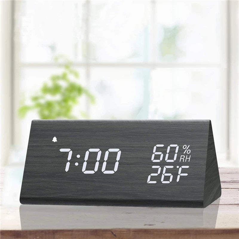 AuraTime™ Slate | Wooden LED Alarm Clock with Temperature Display