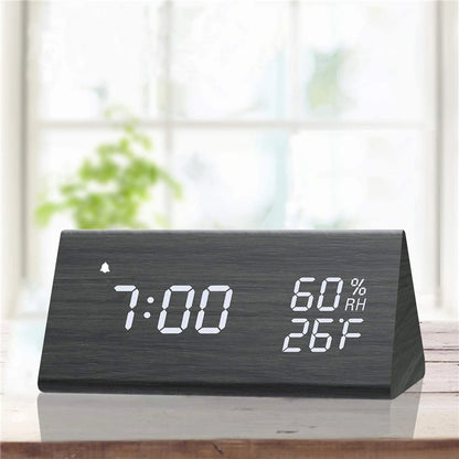 AuraTime™ Slate | Wooden LED Alarm Clock with Temperature Display