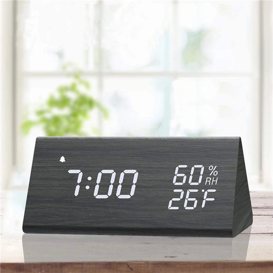 AuraTime™ Slate | Wooden LED Alarm Clock with Temperature Display