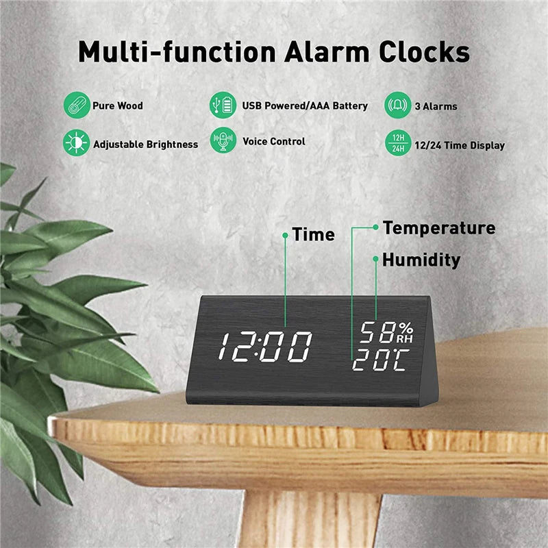 AuraTime™ Slate | Wooden LED Alarm Clock with Temperature Display