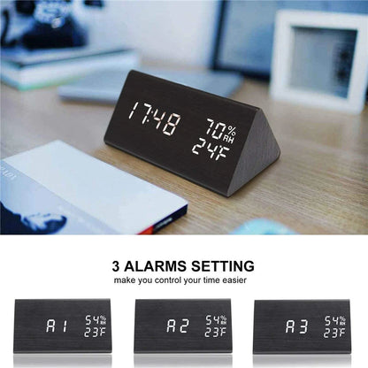 AuraTime™ Slate | Wooden LED Alarm Clock with Temperature Display