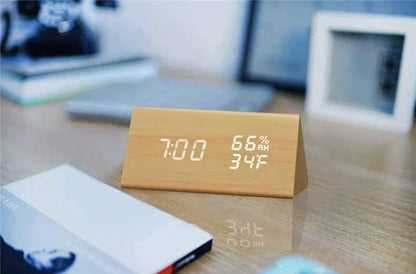 AuraTime™ Slate | Wooden LED Alarm Clock with Temperature Display