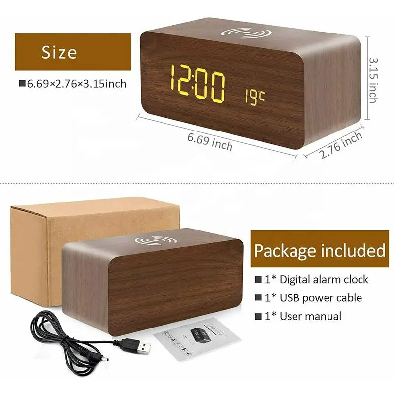 AuraTime™ Oak | Wooden Wireless Charging Alarm Clock