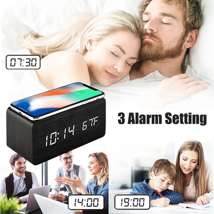 AuraTime™ Oak | Wooden Wireless Charging Alarm Clock