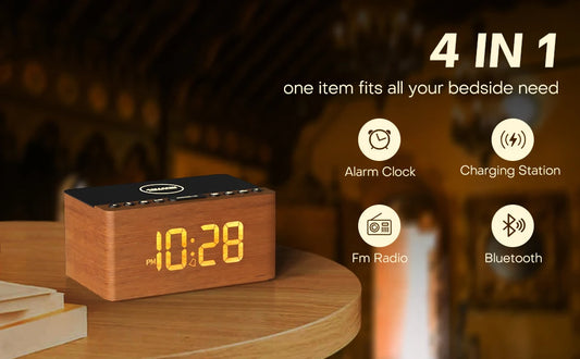 AuraTime™ Echo | Wooden Bluetooth Alarm Clock with Wireless Charger