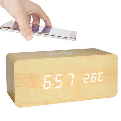 AuraTime™ Oak | Wooden Wireless Charging Alarm Clock