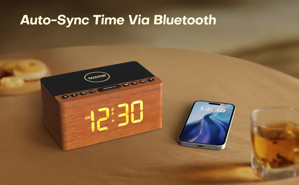 AuraTime™ Echo | Wooden Bluetooth Alarm Clock with Wireless Charger