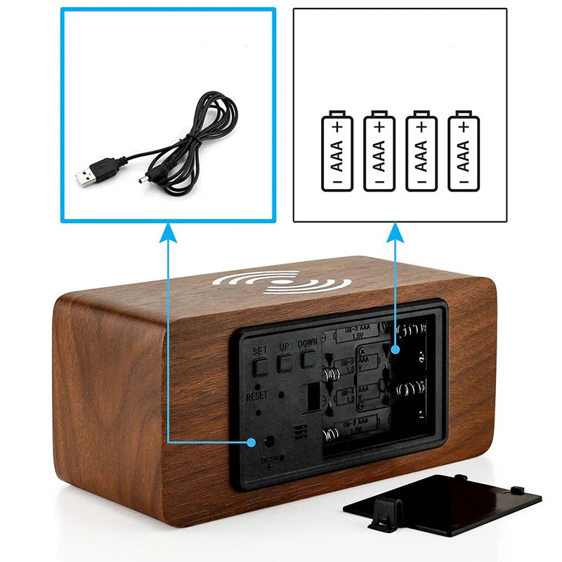AuraTime™ Oak | Wooden Wireless Charging Alarm Clock