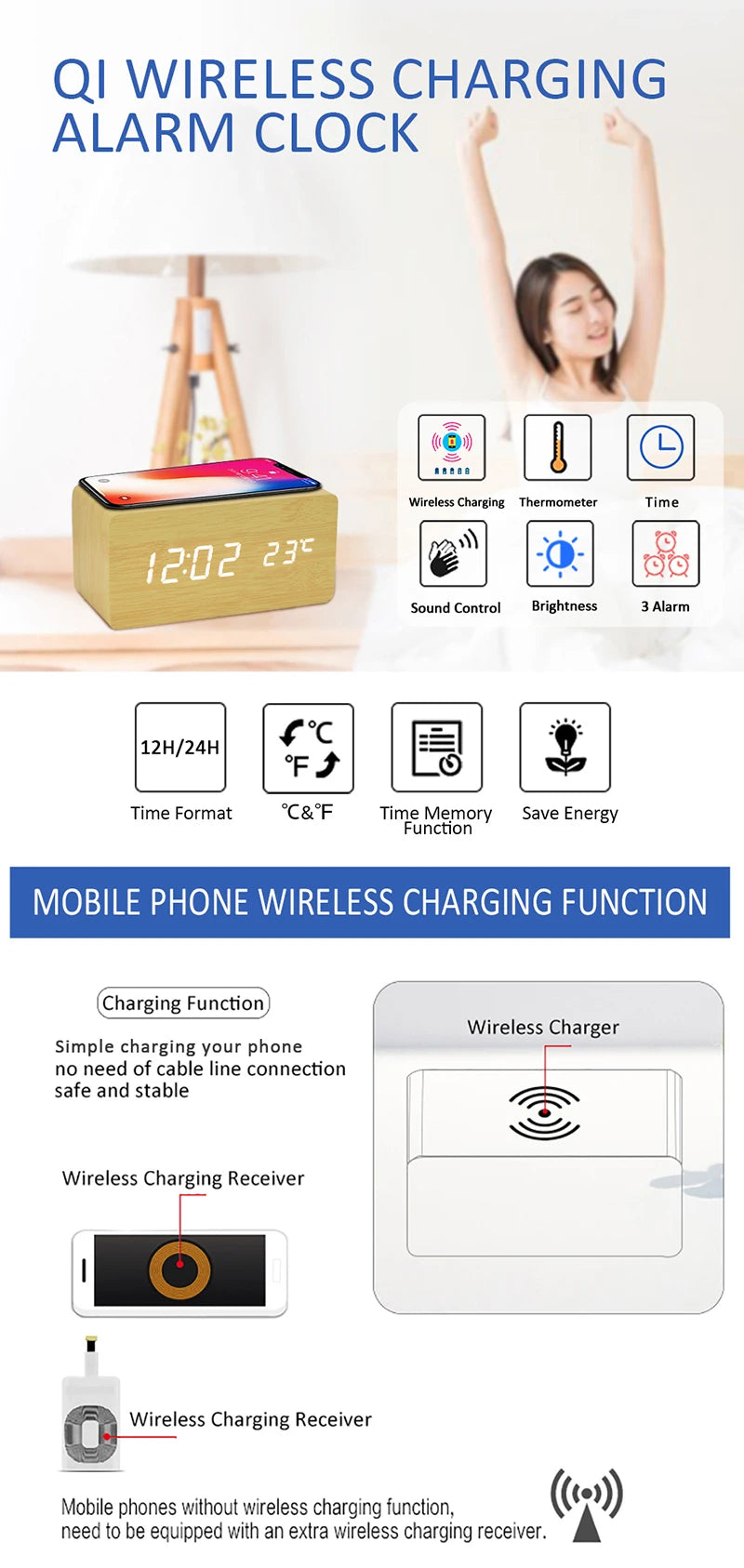 AuraTime™ Oak | Wooden Wireless Charging Alarm Clock