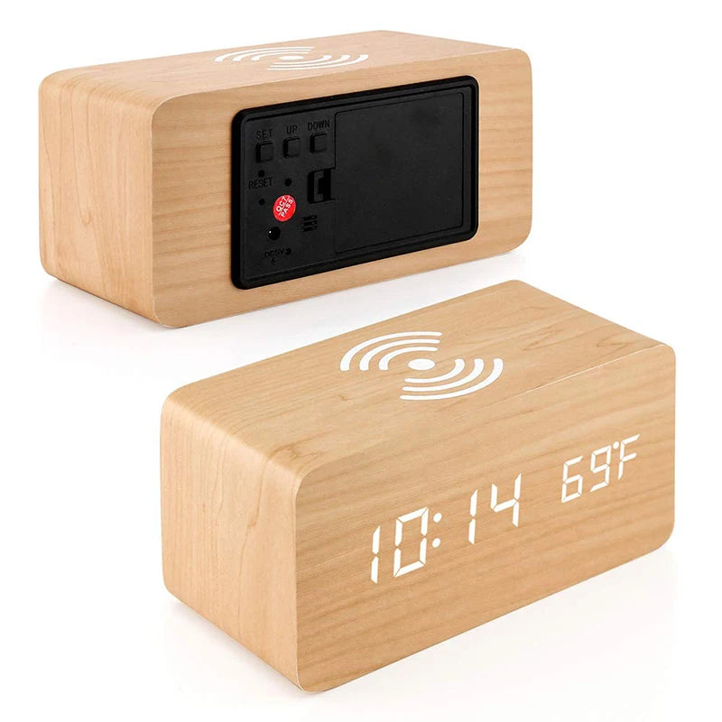 AuraTime™ Oak | Wooden Wireless Charging Alarm Clock