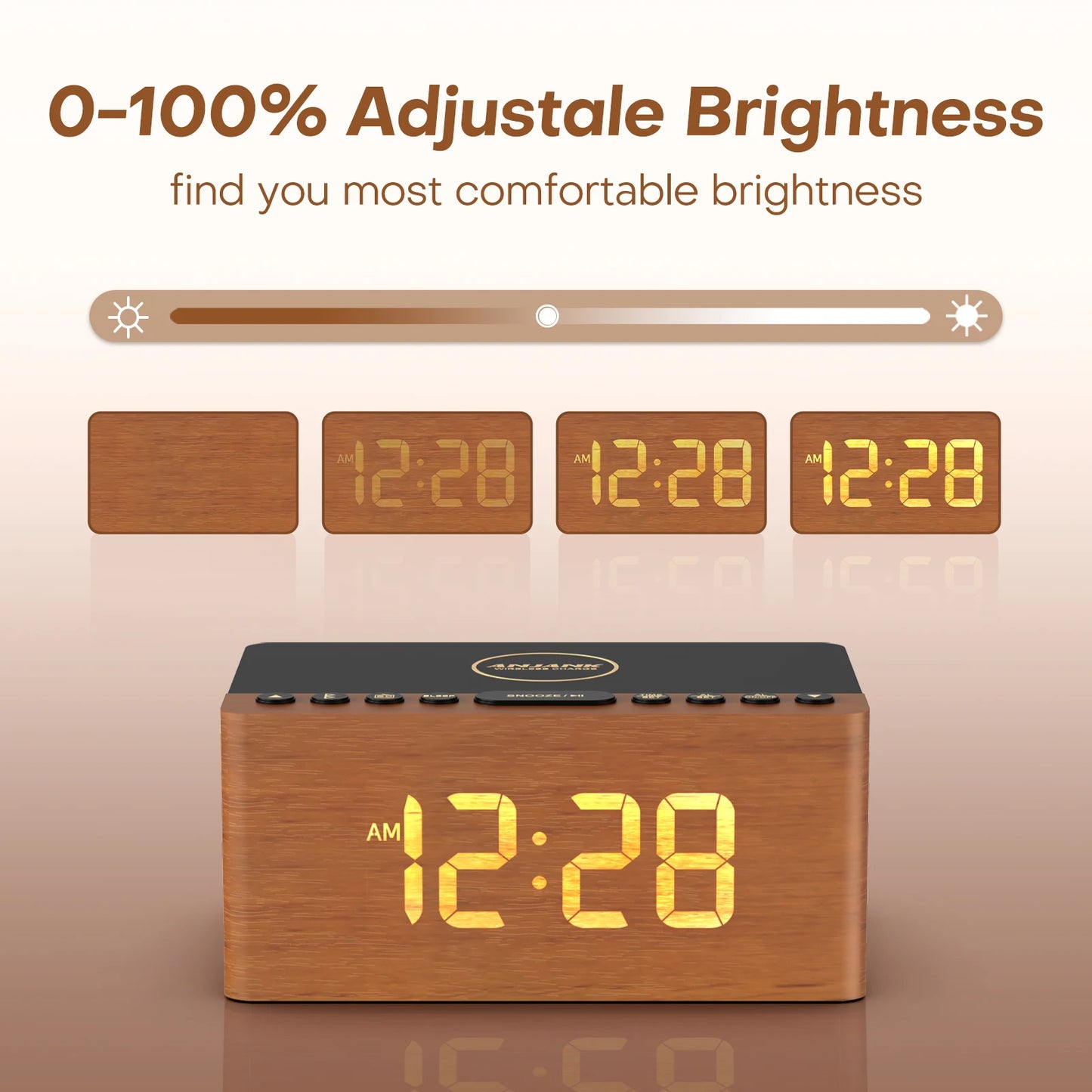 AuraTime™ Echo | Wooden Bluetooth Alarm Clock with Wireless Charger